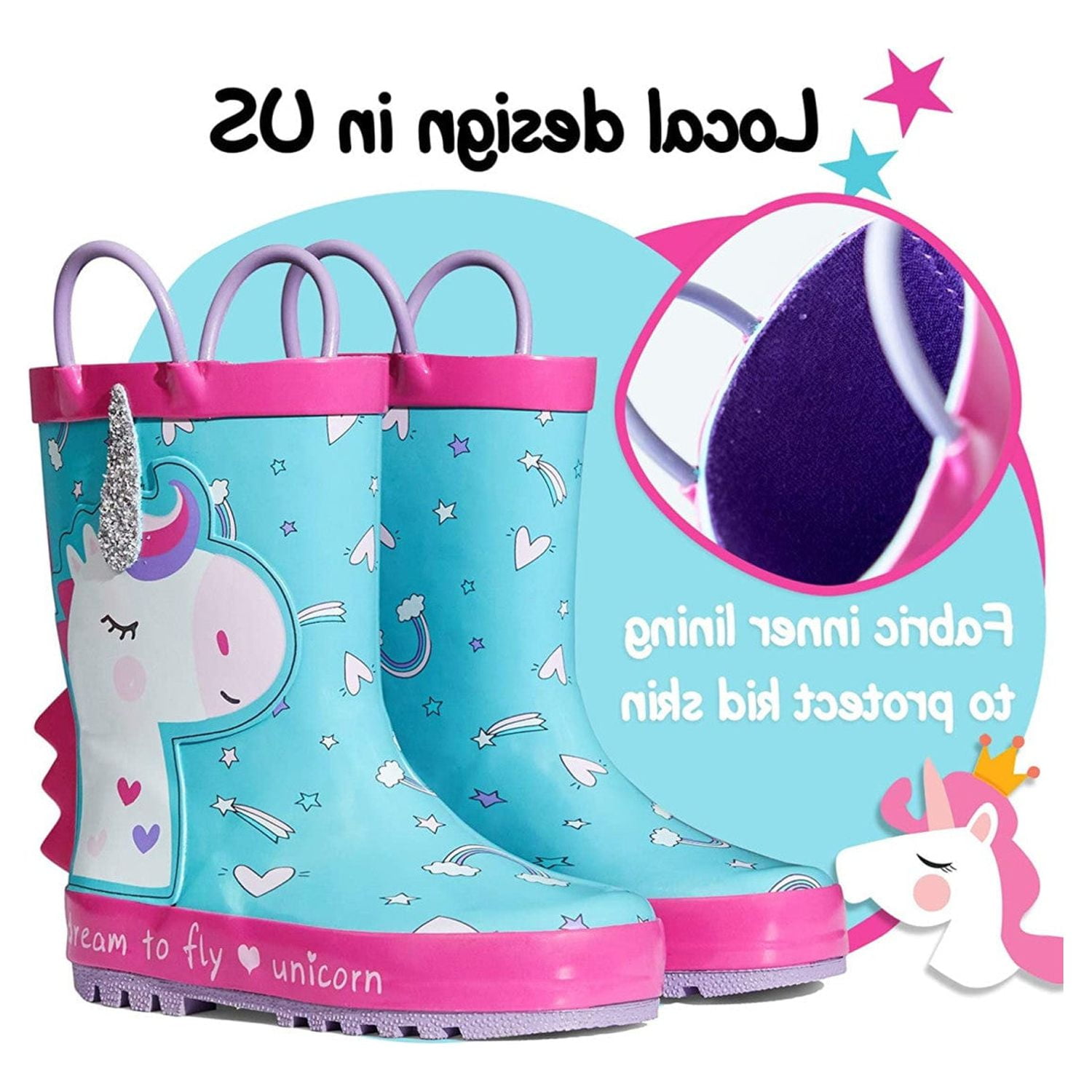 Kushyshoo Rubber Kids Rain Boots Glitter Unicorn Rain Boots for Big Girls Sizes 1