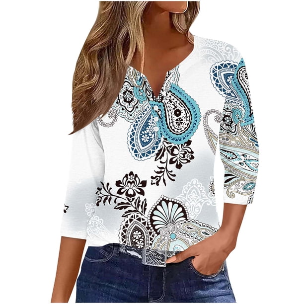 Camisetas de Manga Corta para las Mujeres Moda Impresa 3/4 Manga Cuello Redondo Top Casual para el Hogar Y Diario
