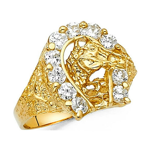 Solid 14k Yellow Gold Horseshoe Horse Head Ring Good Luck Band CZ Nugget Style Mens Fancy Size 10