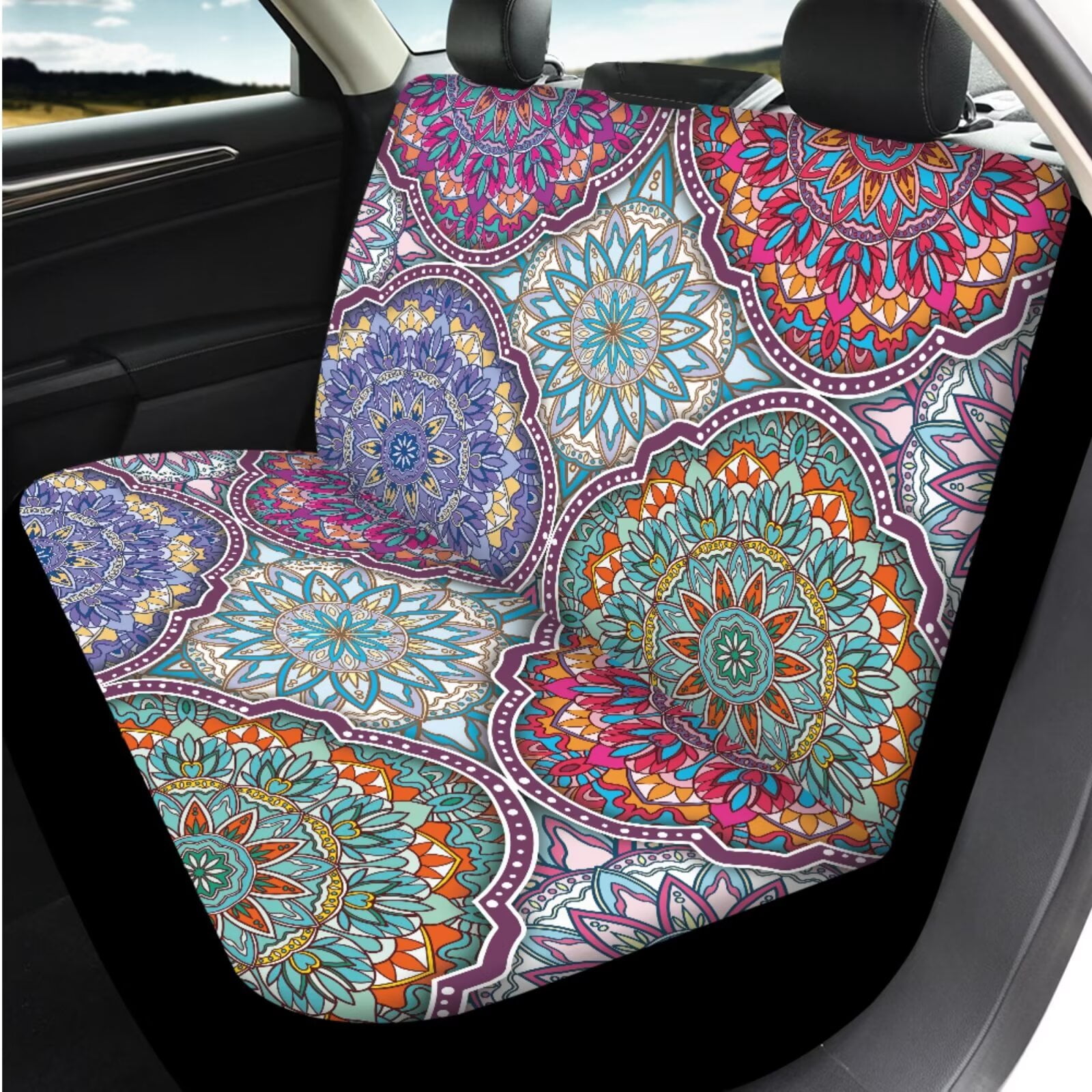 Uorisanigo Art Mandala 14 Pcs Car Seat Covers with Steering Wheel Cover,Seat Belt Covers Cup Holder with Keychain Automotive Protector Set Unverisal Fit Cars SUV Turcks