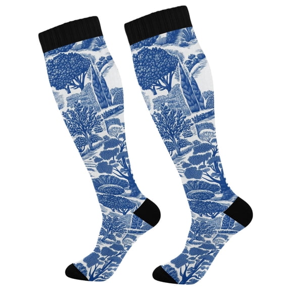FORMRS Womens Knee High Socks Casual Long Thick Travel Daily Wear, 1 Pair, Blue Garden Pattern
