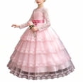 thumbnail image 2 of Girls Maxi Gown Lace Long Sleeve Cinched Bow Belted A-Line Dress Tween Elegant Fluffy Mesh Tiered Layered Evening Dresses Pink 13-14 Years, 2 of 7
