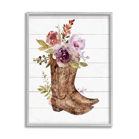 Stupell Industries Country Floral Boots Arrangement Graphic Art Gray Framed Art Print Wall Art, Design by Nina Blue