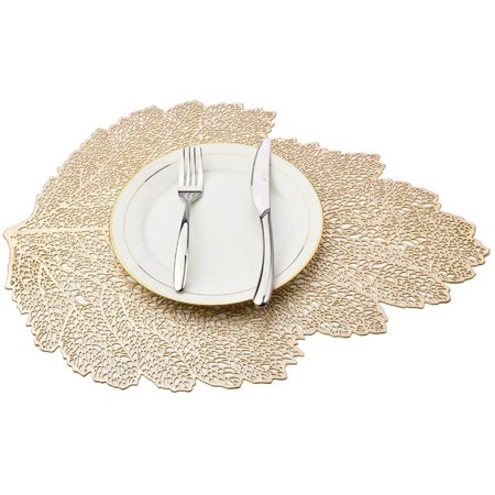 

Gold Leaf Placemats Heat Resistant Non-Slip Placemat Hollow Vinyl Table Mat Set for Kitchen Dining Christmas Table Decoration (Gold Set of 8)