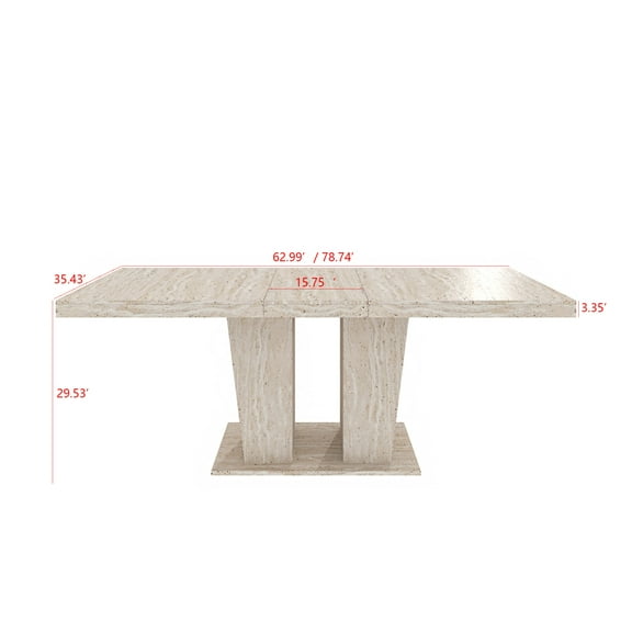 Rectangular Extendable Dining Table For 6 To 10 People With Veined Travertine Top And Simple Elegant Design, Fits Large Dining Rooms