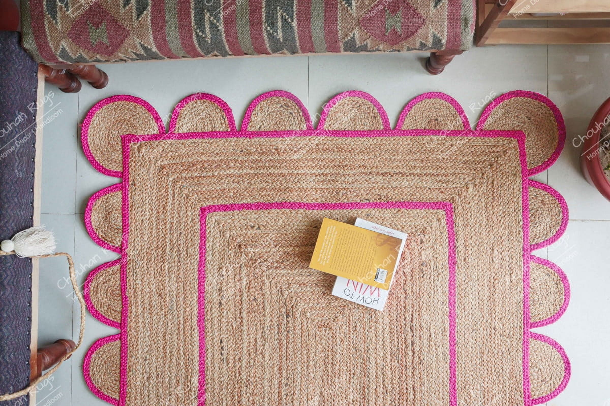 Area Rug Natural Jute Hand Braided Rug Pink Scalloped Runner