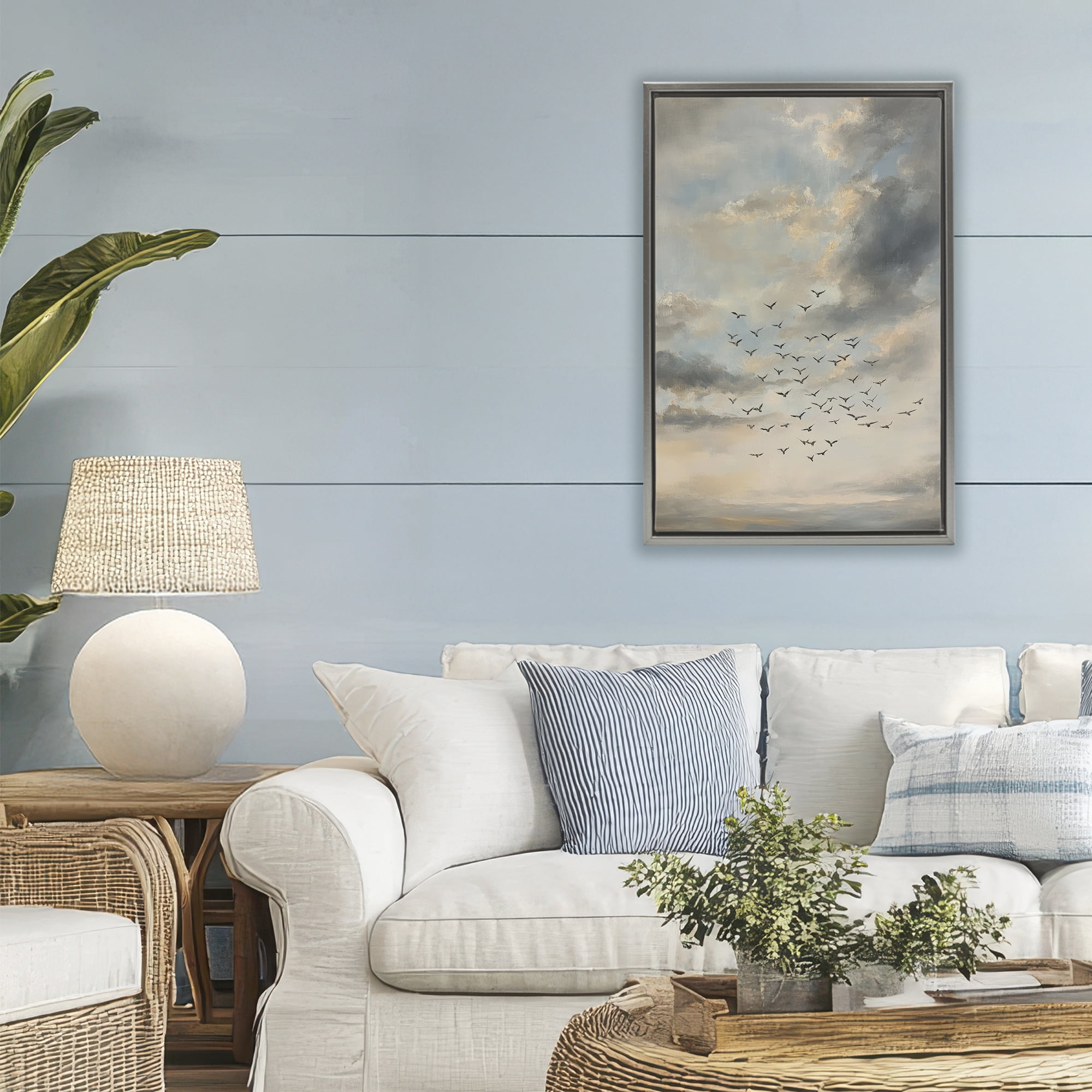 Stupell Industries Birds in the Clouds at Dusk Gray Framed Floater Canvas Wall Art, design by Petal Prints Design