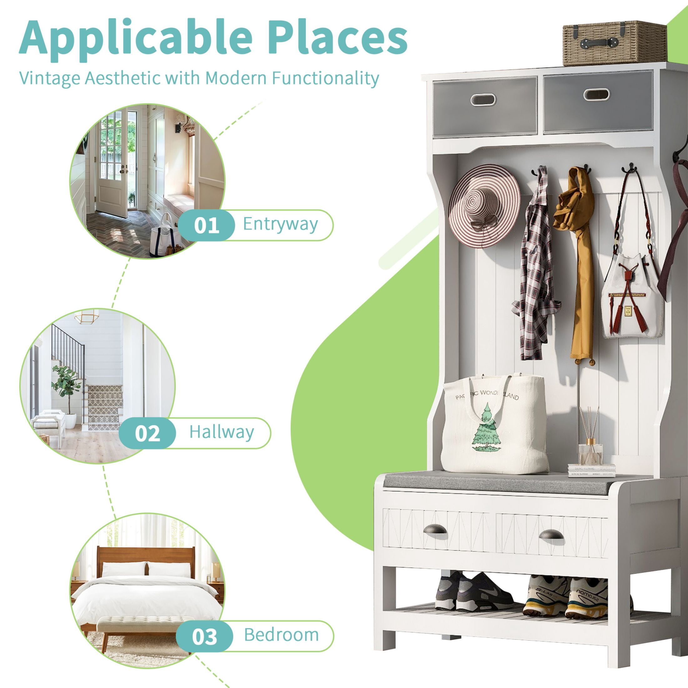 DEALTOPS Modern Hall Tree with Soft Bench and Movable Storage Boxes, Entryway Coat Racks with Drawers, White
