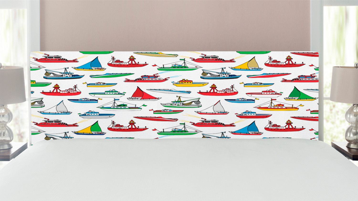 Nautical Headboard, Bunch of Colorful Vessel Speedboat Fishing Trawler