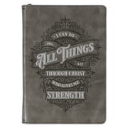 Classic Faux Leather Journal I Can Do All Things Phil. 4:13 Gray Inspirational Notebook, Lined Pages w/Scripture, Ribbon Marker, Zipper Closure