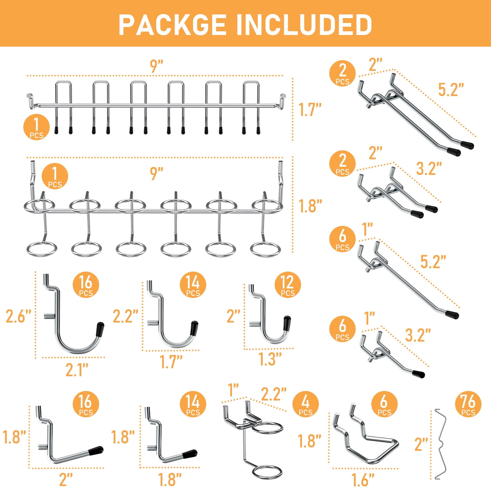INCLY 176PCS Extra Thick Pegboard Hooks, 1/4" Heavy Duty Metal Peg Board Hooks Assortment with Peg Locks Pegboard Accessories Kit for Garage Wall Organizer Hanging Tools