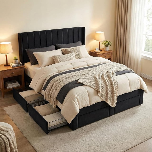 Upholstered Bed Frame with Storage Drawer, Heavy-Duty Steel Framework & Wooden Slats, Tufted Headboard, No Box Spring Needed
