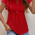 thumbnail image 3 of Mujer Volantes Manga Casquillo Ojal Top Corbata Cuello En V Color Puro Elegante Verano Blusa Casual Rojo S, 3 of 6