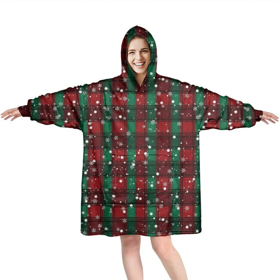 Wearable Oversized Blanket,Red and Green Plaid Christmas Snow Pattern Wearable Blanket Hoodie for Adults,Cozy Hooded Blankets with Super Pockets,Super Warm Fuzzy Pullover for Women & Men