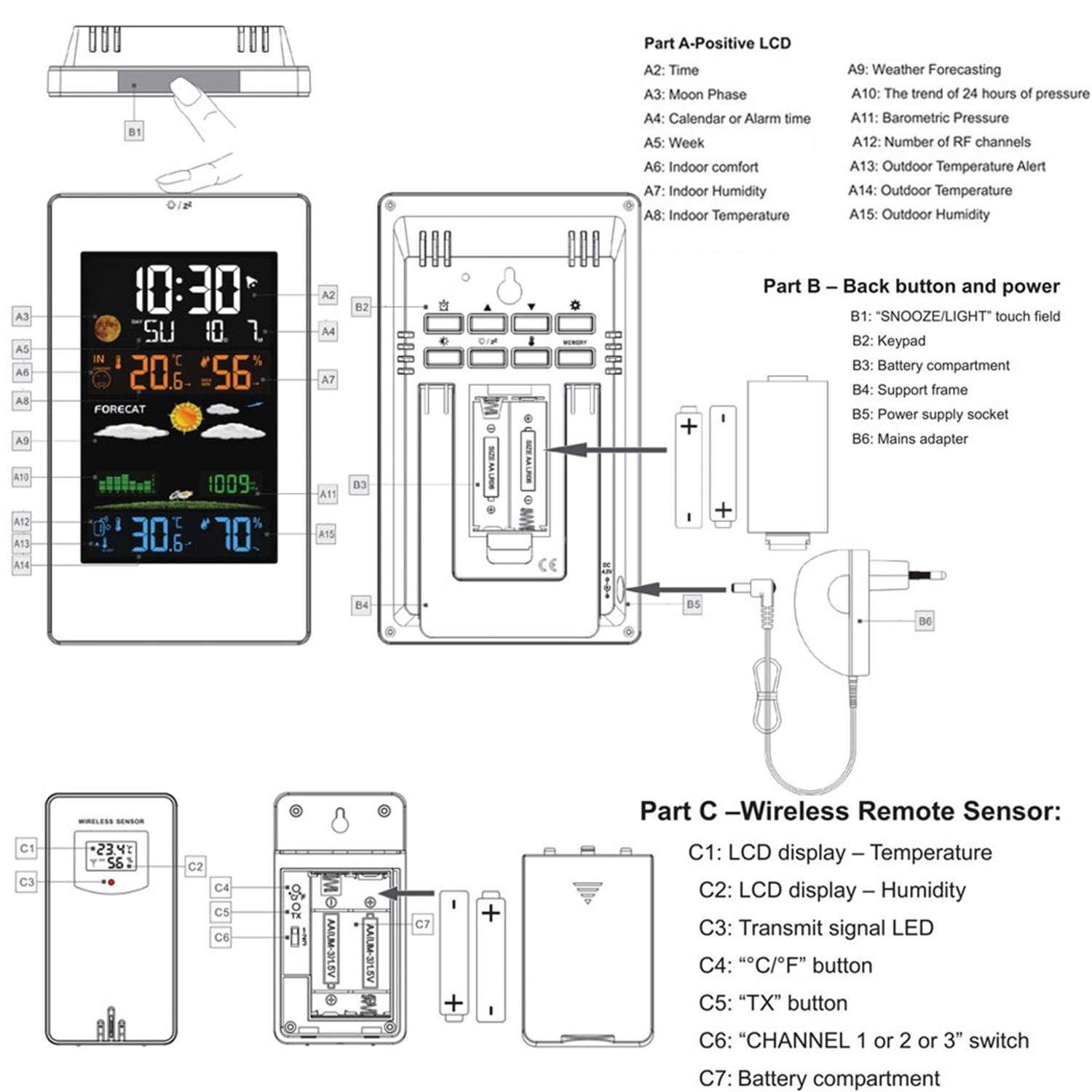 4 Backlig \u0026 Weather Station Indoor Outdoor Weather Forecaster with Sensor Digital Thermometer Hygrometer Monitor with Alarm Clock Moon Phase Adjustablt Backlight Mode