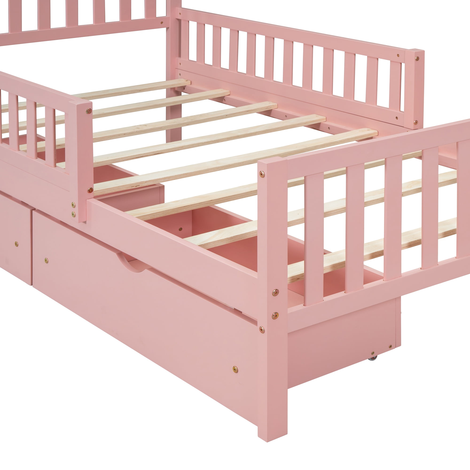 Bellemave Twin Bed with Storage Drawers and Fence Rails, Wood Platform Beds Frame with Headboard, Twin Size Storage Bed for Kids Boys Girls Teens（Pink)