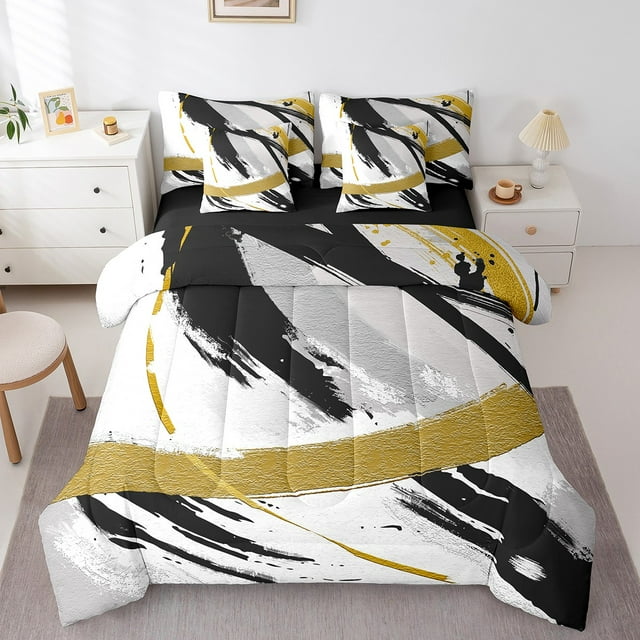 YST Black Grey Gold Bed in a Bag, Gradient Abstract Vintage Comforter Set, 7-Piece, Full