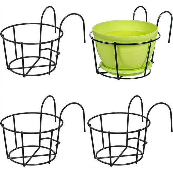 NOGIS 4 Pcs Round Hanging Flower Stand Balcony Planters Railing Hanging Metal Rack Fence Railing Planters Outdoor Balcony Hanging Flower Stand Shelf Container