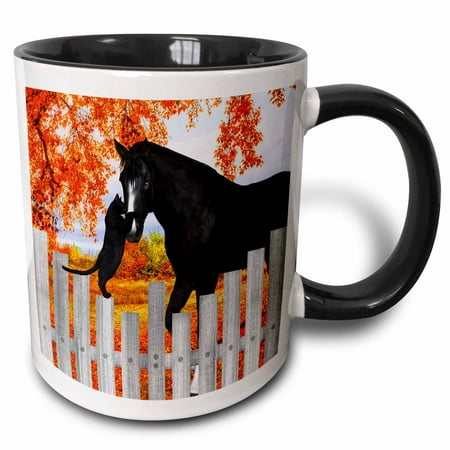 3dRose Precious black cat and black horse sharing a moment of friendship behind a picket fence in autumn. - Two Tone Black Mug,