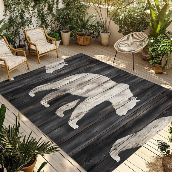 Fsddascl White Brown Bear Outdoor Rug for Patio/Deck/Porch, Non-Slip Large Area Rug 5 x 8 Ft, Vintage Country Rustic Wood Grain Indoor Outdoor Rugs Washable Area Rugs, Reversible Camping Rug Carpet
