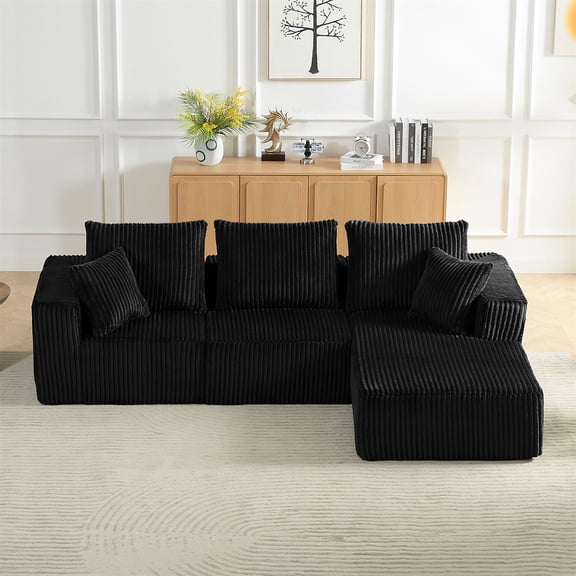 Spaco 103" Modular Sectional Sofa, Modern Corduroy Cloud Couch with Deep Seat, Upholstered 4-Seater Sofa for Living Room, No Assembly Required, Black-RHF