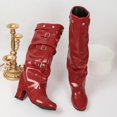 thumbnail image 4 of Women's Patent Leather Over The Knee Boots, Multi Buckle Slouch High Heel Boots, Pointed Toe Foldable Shaft Fashion Boots, 4 of 9