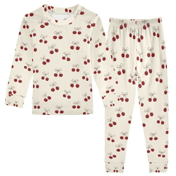 joogoo Cherry Bows 2 Piece Long Sleeve Tee and Pants Cotton Pajama Set 5Y