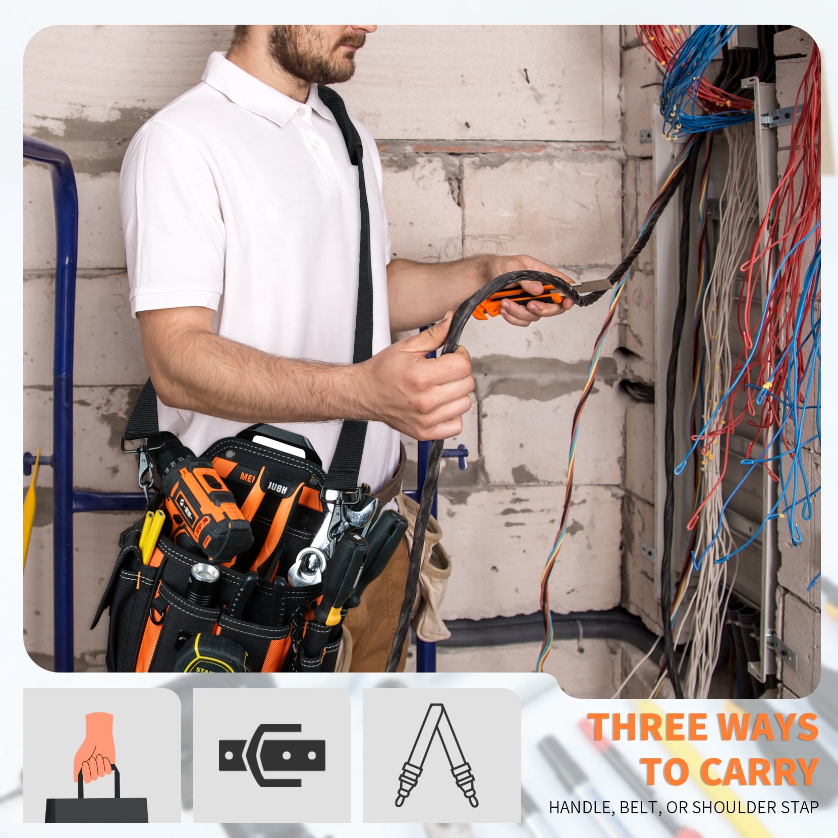 MELOTOUGH Electrician Tool Pouch Bag with Shoulder Strap Professional 15 Pockets Tool Pouch with Belt Clip Quickly Attach and Release Tool Bag