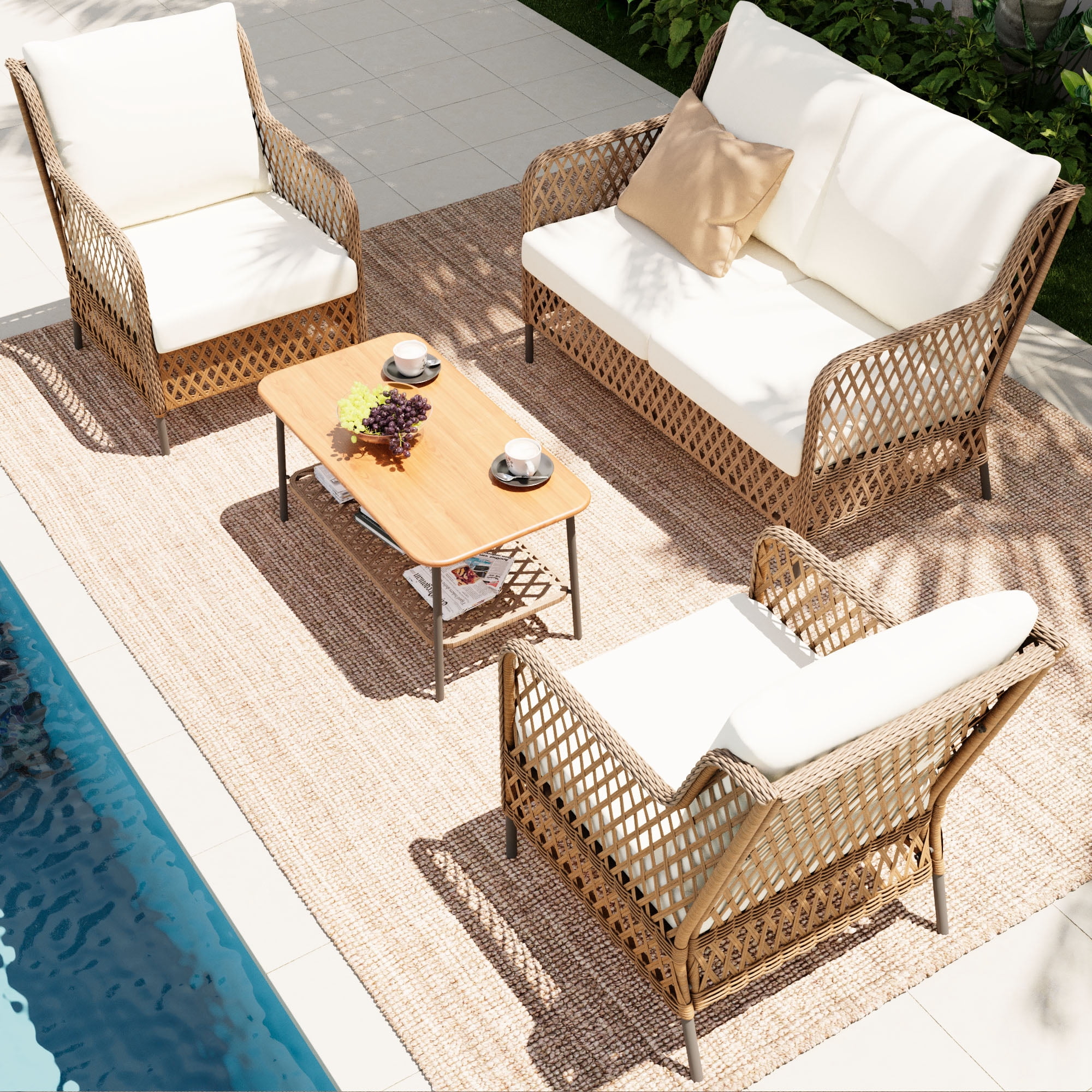LAUSAINT HOME 4-Piece Outdoor Patio Conversation Set, All-Weather PE Rattan Furniture with Loveseat, 2 Chairs and Table, Beige Olefin Cushions