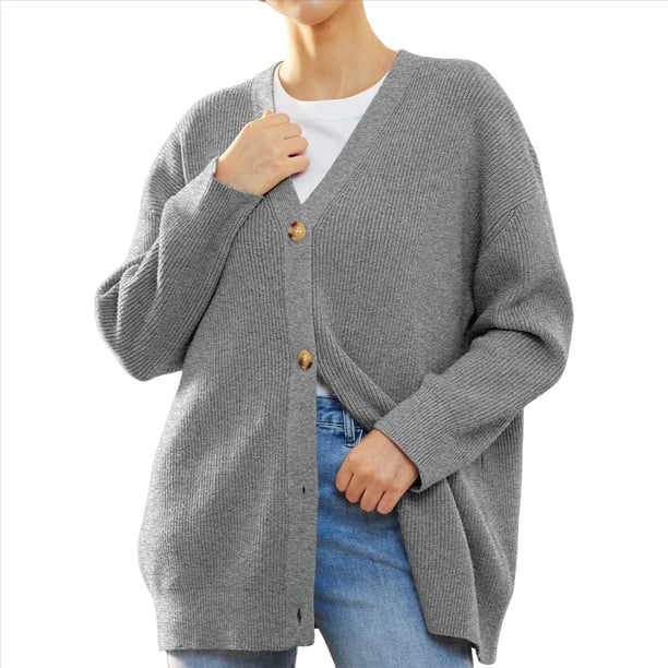Suéteres de Rayas para Mujer, Suéteres de Botones Grandes, Cuello en V, Prendas de Punto Sueltas. Gris L