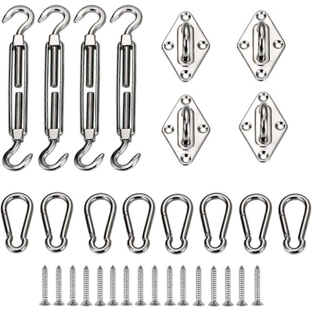 Kit de Fixation de Voile d'Ombrage de Jardin Robuste pour Carré et Triangle, Rectangle - Acier Inoxydable 304 (Comprend 4 x Œillets de Protection, 4 x Tendeurs, 8 x Boutons-Pression