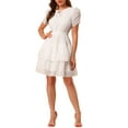 thumbnail image 2 of Allegra K Women's Tie Neck Ruched Sleeve Elastic Waist A-Line Double Layers Ruffle Hem Short Dress, 2 of 6