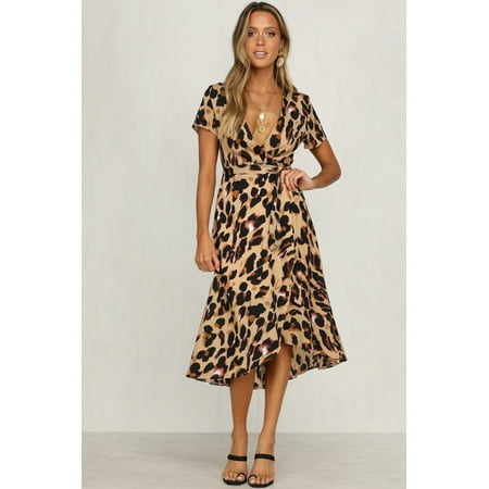 - Womens Casual Leopard Short Sleeve V Neck Sexy Bandage Party Long Beach Dresses Oversized Maxi Dress