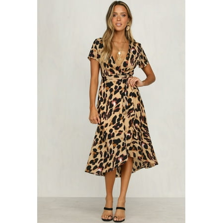 Womens Casual Leopard Short Sleeve V Neck Sexy Bandage Party Long Beach Dresses Oversized Maxi Dress