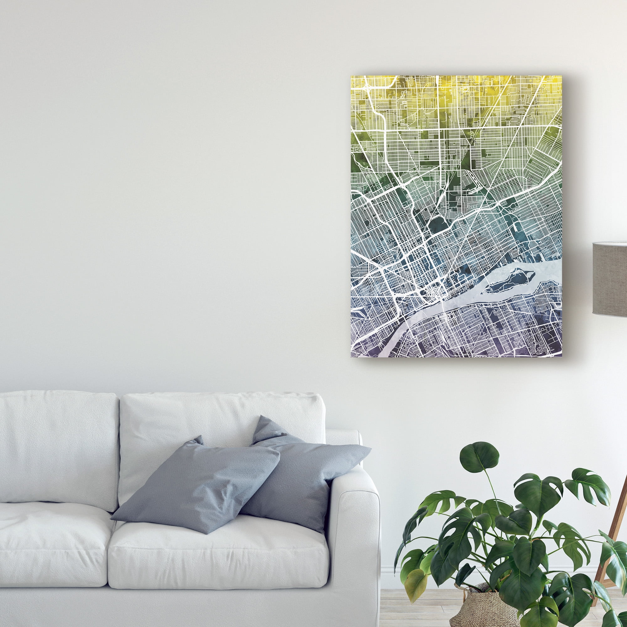 Trademark Fine Art 'Detroit Michigan City Map Blue Yellow' Canvas Art by Michael Tompsett