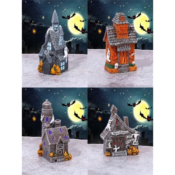 ShaoXinWan Halloween Resin House Figurine Decoration,Mini Pumpkin Village House Ornament,Festive Miniature Decor for Halloween Display,Table Shelf,Holiday Home Decor