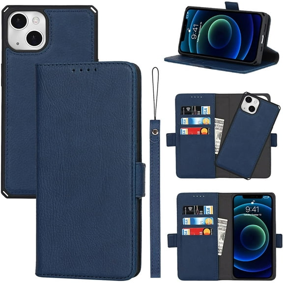 2-in-1 Magnetic Detachable Wallet Case for iPhone 13, Card Slots Holder Genuine Leather Kickstand Shockproof Wrist Lanyard Strap Removable Flip Cover 5G 6.1",Blue
