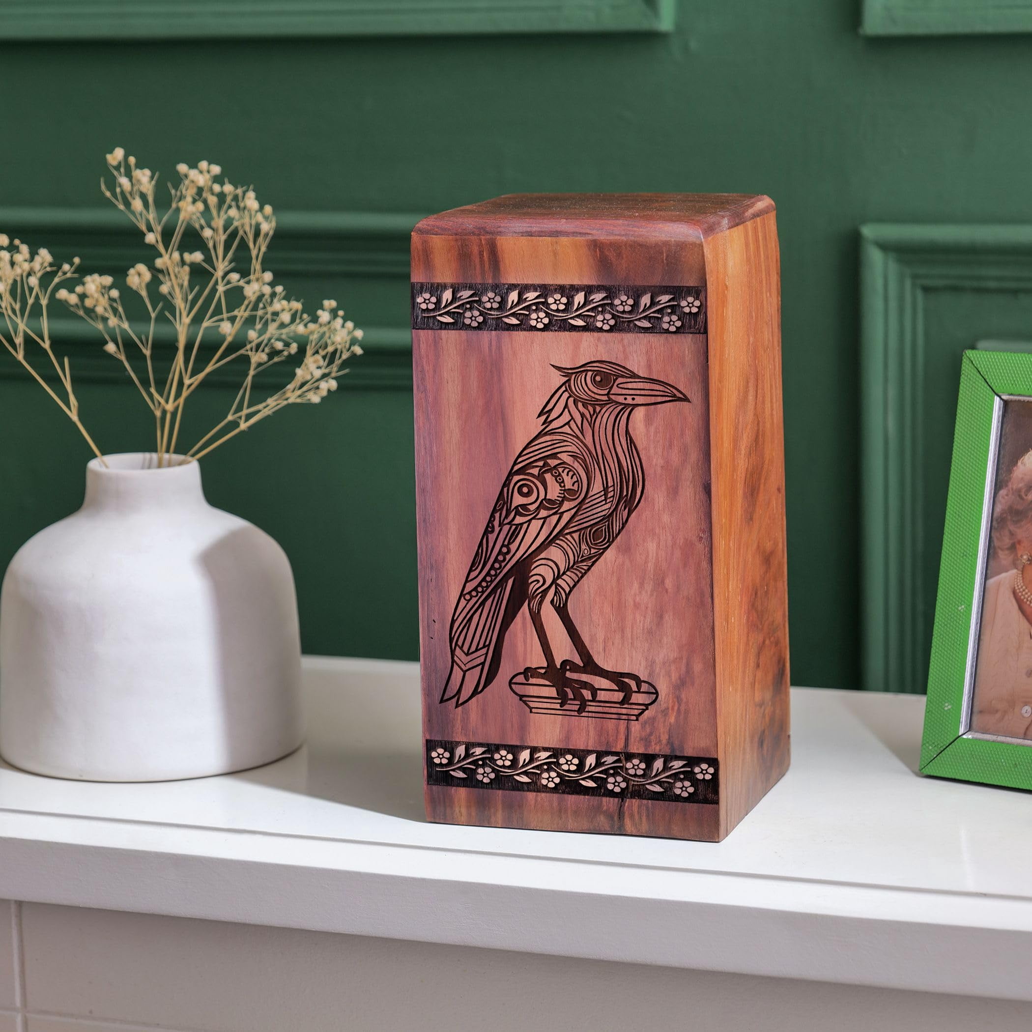 Floral Bird Theme Urn for Human Ashes/Pet Ash - Wooden Urns for Male/Female - Cremation Funeral Urns - Memorial Urns - 10inch, Large Size - Single 1Pcs