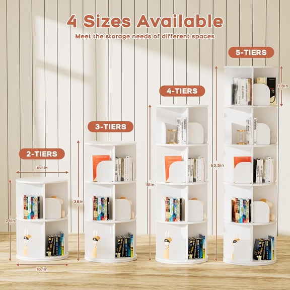 Rotating Bookshelf Tower 4 Tier 360 Degree Revolving Corner Shelf Organizer for Small Spaces White