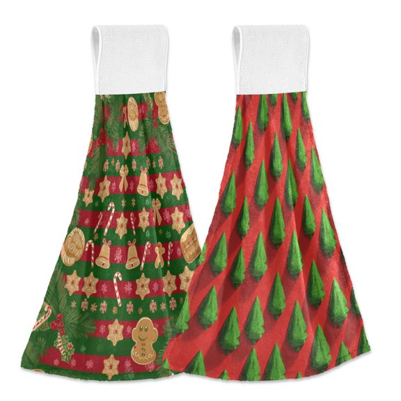 IAUYY Kitchen Hanging Towels Set of 2 100% Polyester Absorbent, Super Soft Hand Towels with Hanging Loops for Bathroom Kitchen Red and Green Stripes Playdough