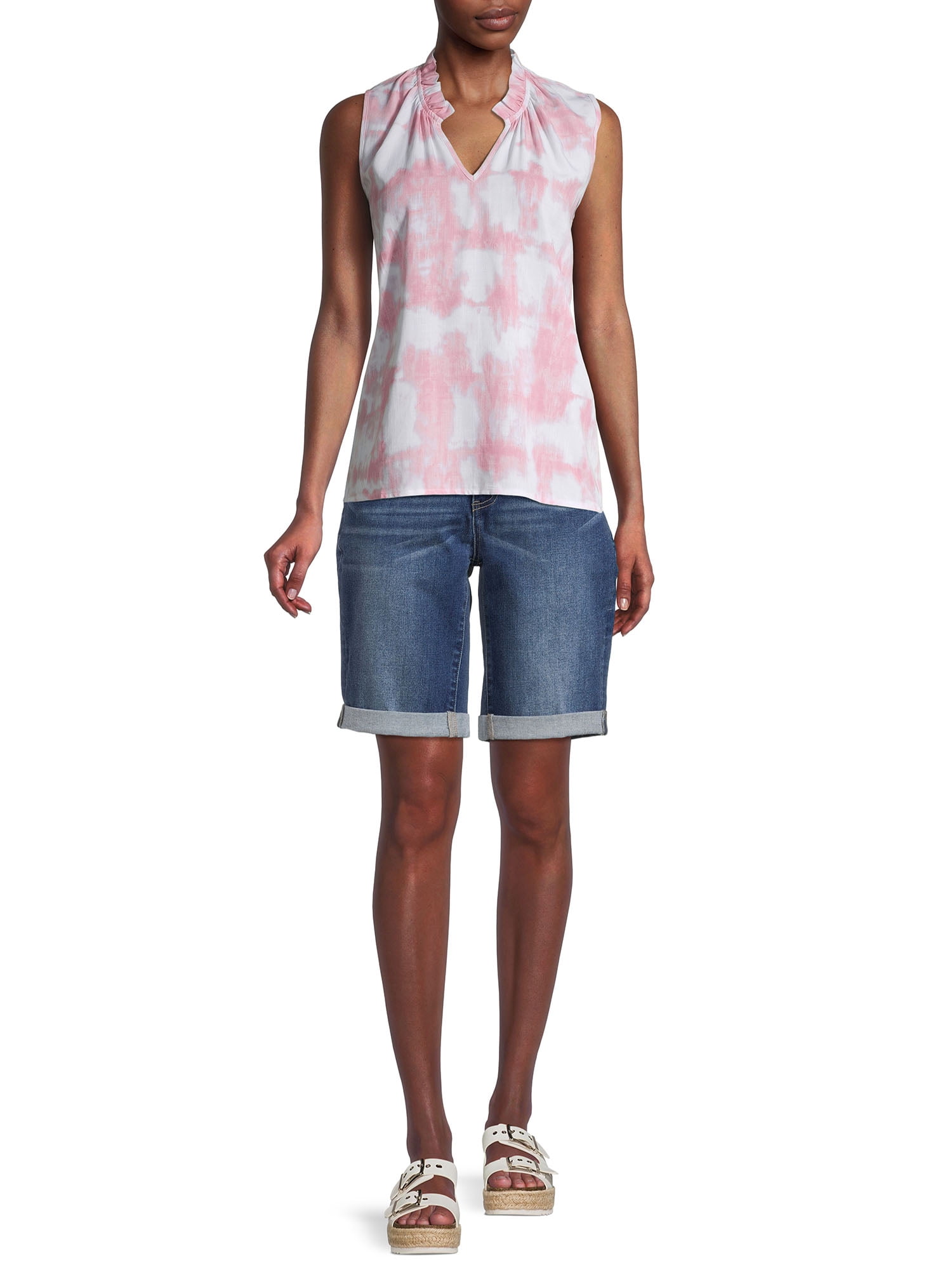 Time and Tru Women's Mid Rise Rolled Cuff Denim Bermuda Short