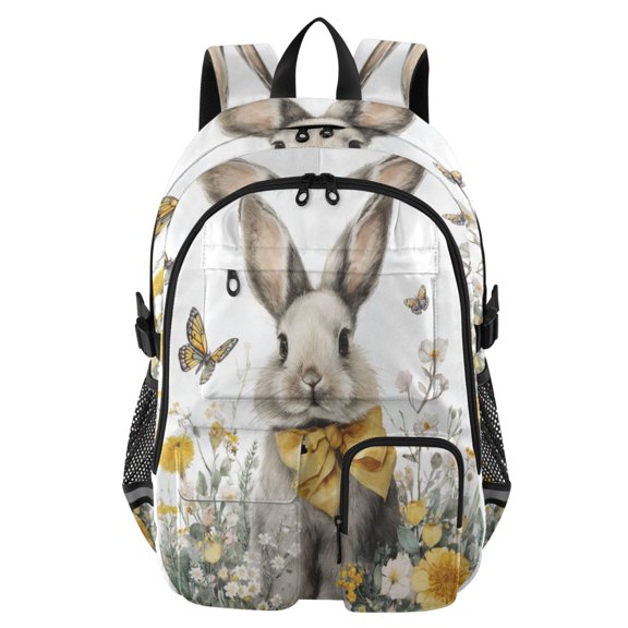 Large Capacity Student Backpack, 14 Inch Laptop Backpack, Wear-Resistant Polyester Travel Backpack with Reflective Strips for Commuting Outdoor Cute Grey Rabbit