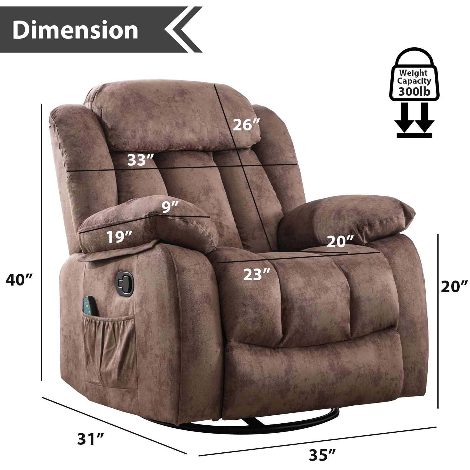 Bonzy Home Massage Swivel Recliner Chair with Heat and Vibration Manual Rocker Recliner Fabric Single Sofa, Brown