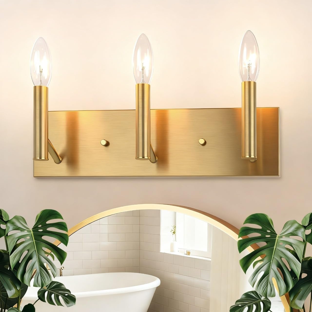 RGHJAR-Bathroom Light Vanity Fixtures Over Mirror, 3-Lights Modern Brushed Gold Wall Sconces, Minimalist Wall Lights for Livingroom Bedroom Entryway Hallway Staircase, E12 Base(Bulbs Not Included)