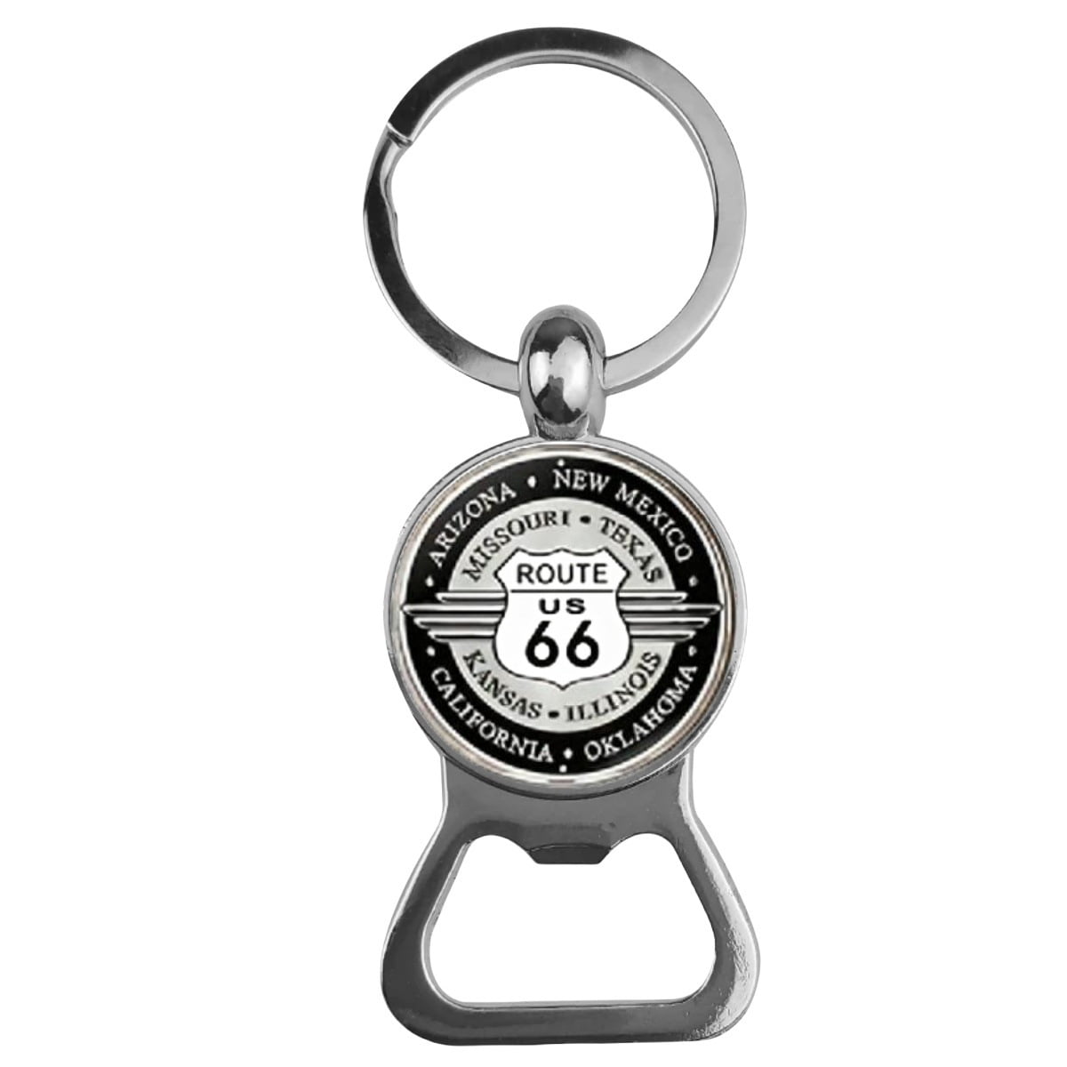 12PCS American Route 66 Bottle Opener Keychain Fashion Classic Key Ring with Round Glass Style