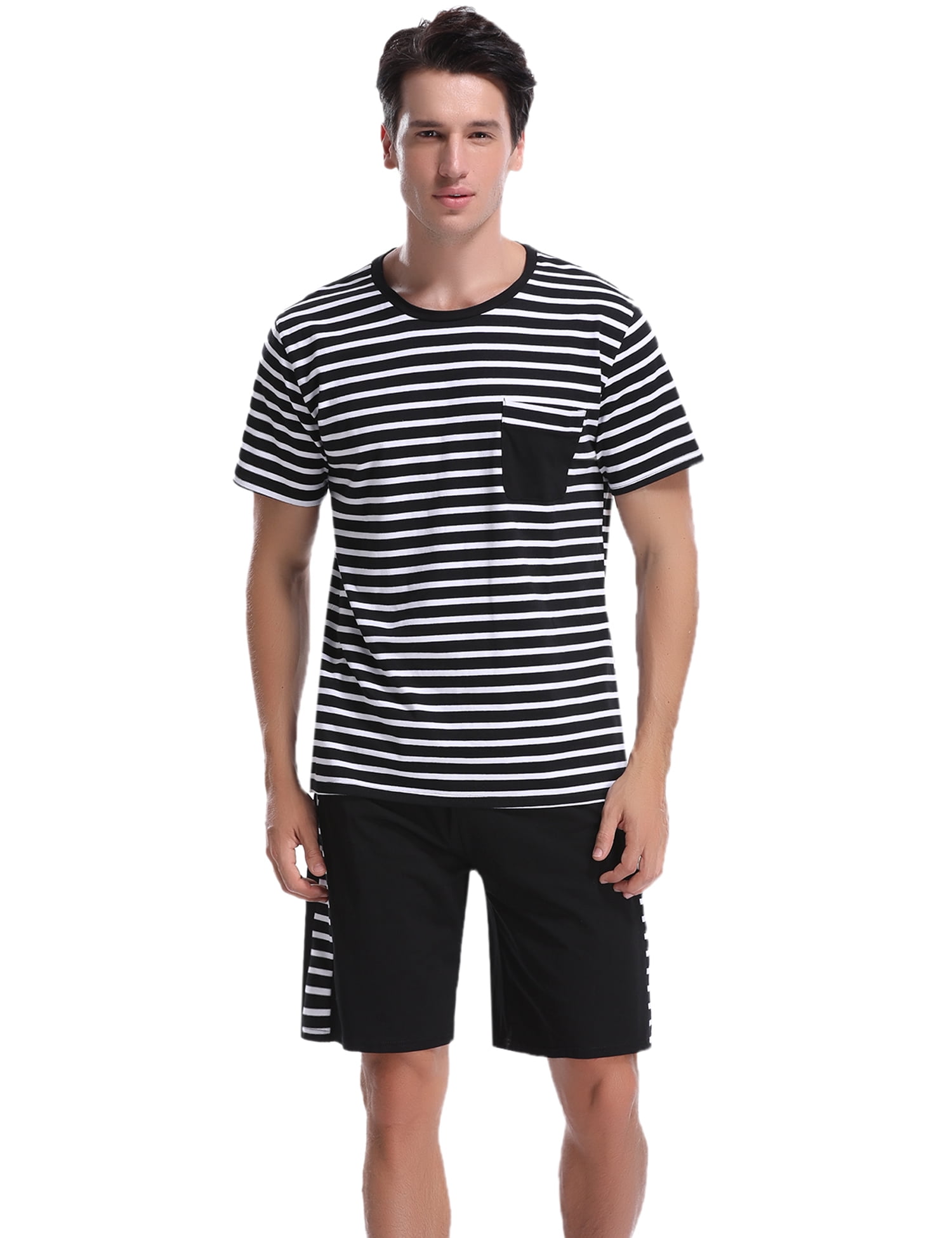 S-XXL iClosam Men's Pajama Set Summer Short Sleeve Lounge Cotton Classic Striped Shorts & Shirt Sleepwear 