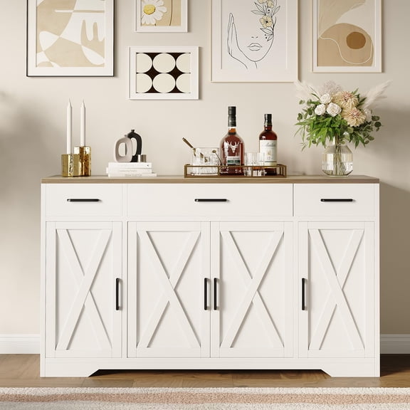 55 in Large Sideboard Cabinet with Storage 4 Doors and 3 Drawers, Modern Farmhouse Kitchen Storage Cabinet Coffee Bar Buffet Table for Dining Room