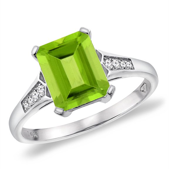 14K White Gold Natural Peridot Ring 9x7 mm Octagon with Diamond Accent, size 6