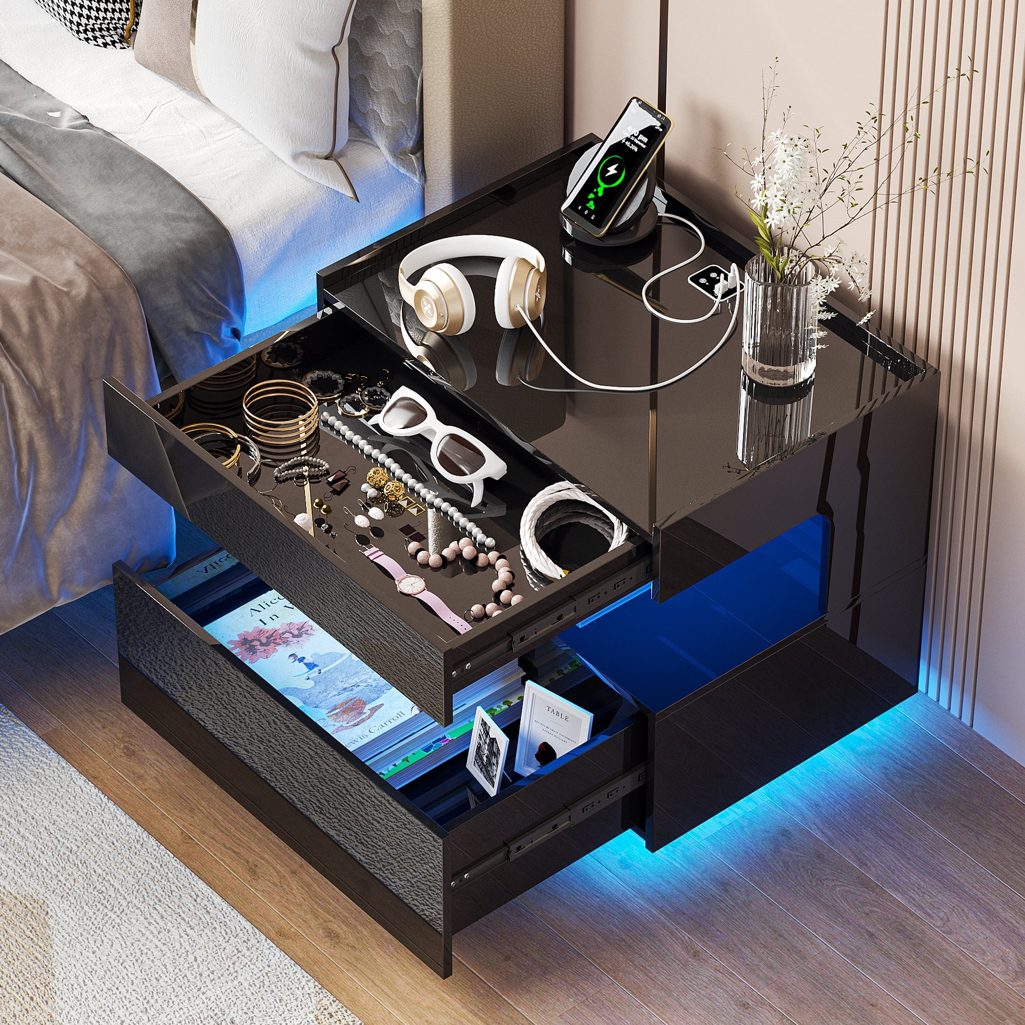 VKCC Modern LED Nightstand with Open Shelf, 2-Drawer Bedside Table with Charging Station, Black
