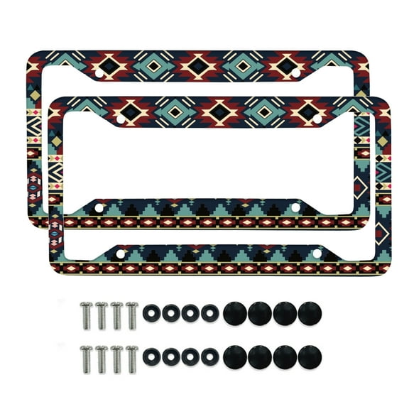 Renewold Southwest American Tribal License Plate Frame with Screw Caps Accessories, Rust-Proof Car License Plate Accessory Applicable to Standard US CA License, 2 Pack, Dark Blue Red